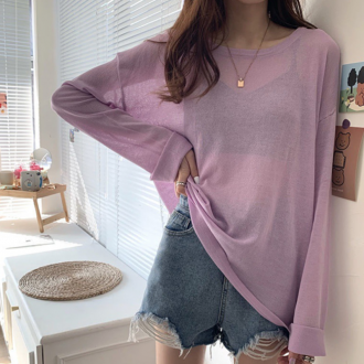 Áo thun dài tay trong suốt trong suốt dành cho nữ áo ba lỗ crop top áo thun crop top hình hộp rộng rãi phù hợp với bầu không khí mộng mơ