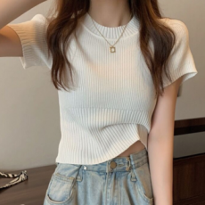 Nữ Rộng Co Giãn Gân Dọc Crop Tee Áo Thun Nữ Tay Ngắn Casual Crop Áo Thun Tay Ngắn Màu Đen Trắng Xanh Hồng Tee