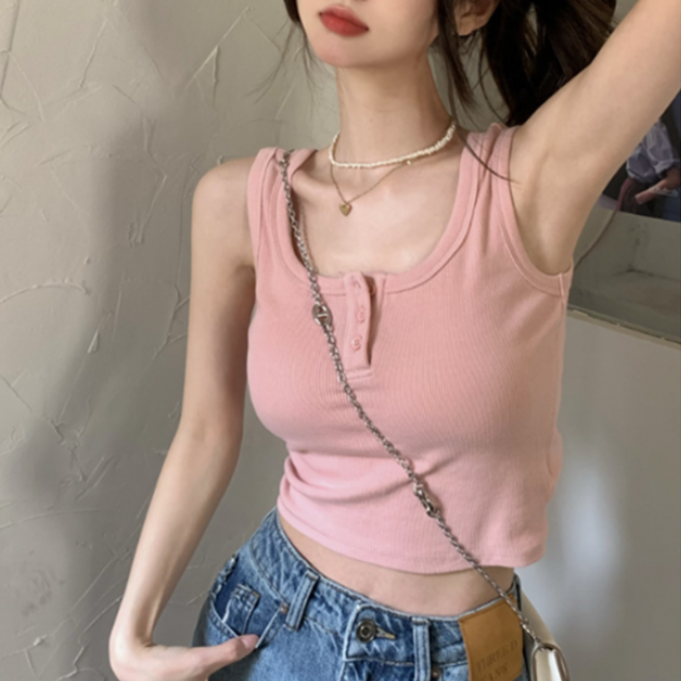 3-giai đoạn nút phía trước dòng cơ bản crop tank top áo thun ngắn tay áo thun không tay áo ba lỗ giản dị áo thun tay ngắn 4 màu tee