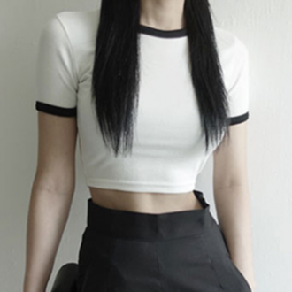 Áo thun cổ tay phối màu điểm cơ bản cơ bản áo crop top nữ tay ngắn áo thun cotton rốn