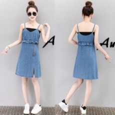 S1538 Váy denim không tay trang trí vòng diềm xếp nếp