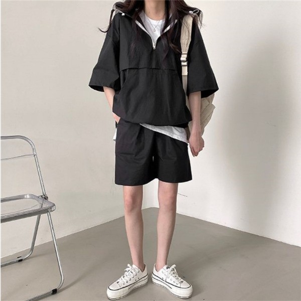 Set áo hoodie nửa cổ có mũ trùm đầu trên và dưới đơn giản dành cho nữ05