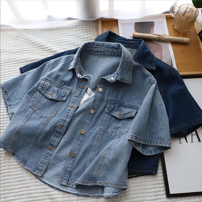 Áo khoác denim dáng ngắn tay ngắn có túi DHH-D82