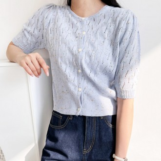 Áo Bé Gái Mùa Hè Đan Cardigan Crop Slim Nữ Tay Ngắn Điểm Họa Tiết Hàng Ngày Đáng Yêu Áo Khoác Ngoài Ngày Thời Trang Puff Cardigan