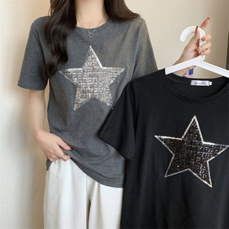 LS81400 Áo thun ngắn tay tròn hàng ngày Sequin Star Point