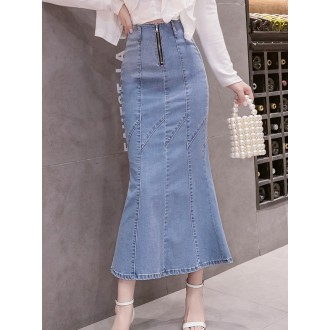 G125953 Chân váy dài denim dây kéo phía trước