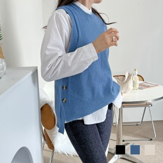 Áo vest dệt kim cổ tròn dáng rộng thoáng mát cài nút bên hông SD-221012