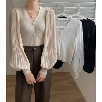 G125826 Áo cardigan dệt kim chiffon tay bong bóng xếp li