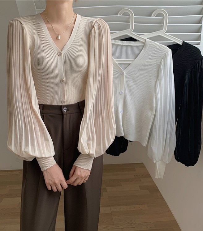 G125826 Áo cardigan dệt kim chiffon tay bong bóng xếp li