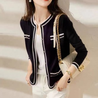 F2193 Áo cardigan ngắn đan tròn giả túi mỏng