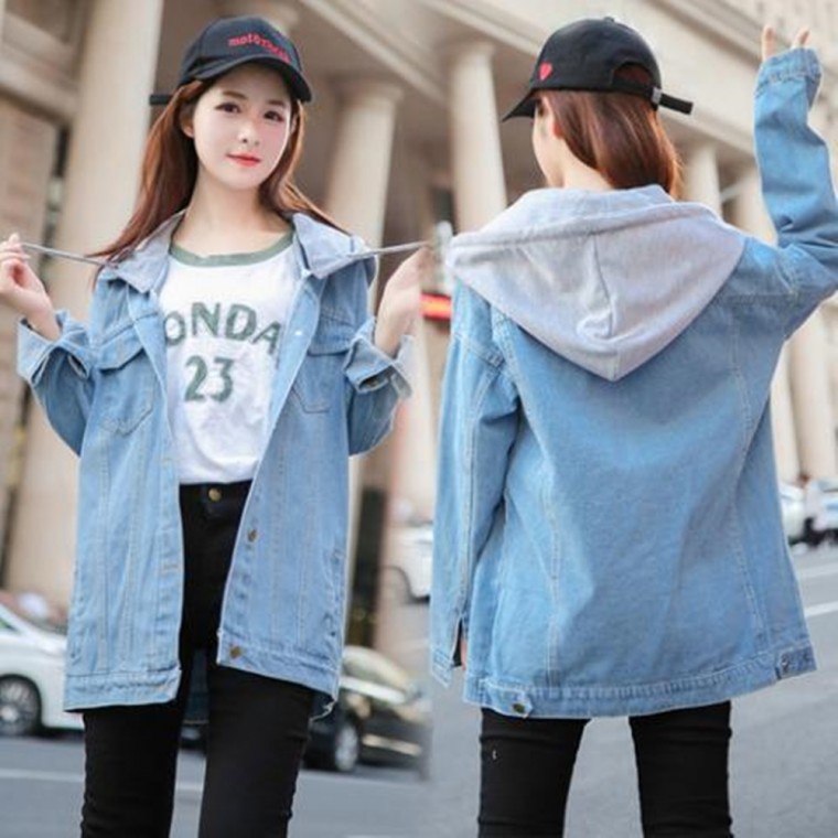 FL93200 Áo khoác denim unisex có mũ trùm đầu có thể tháo rời