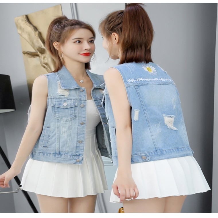 LC53200 Áo vest denim phong cách cơ bản áo vest denim cổ điển