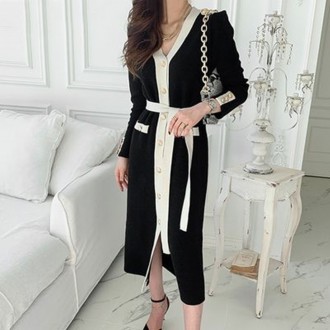 F46107 Đầm cardigan dài phối màu chữ Y thắt lưng váy dệt kim dài