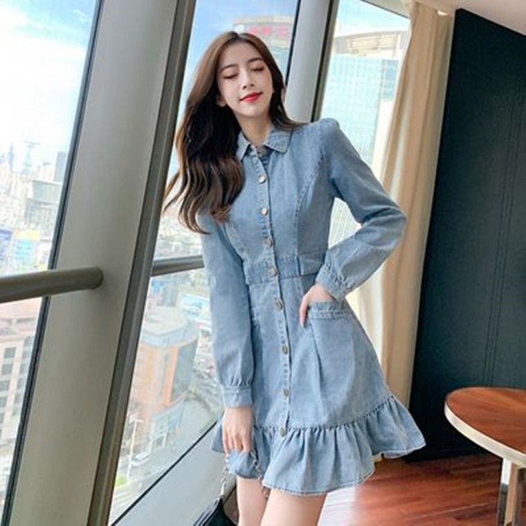 F60396 Đầm denim tay dài diềm xếp nếp phía trước dáng ôm vừa vặn