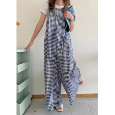 F36726 Kiểm tra Quần yếm vải lanh cotton Jumpsuit Quần váy rộng