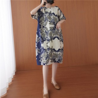 S49685 Váy cotton lanh dáng rộng hoa, váy ngắn tay, váy hộp