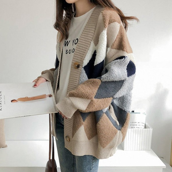 Áo len cardigan dáng rộng 3 màu họa tiết argyle LK528