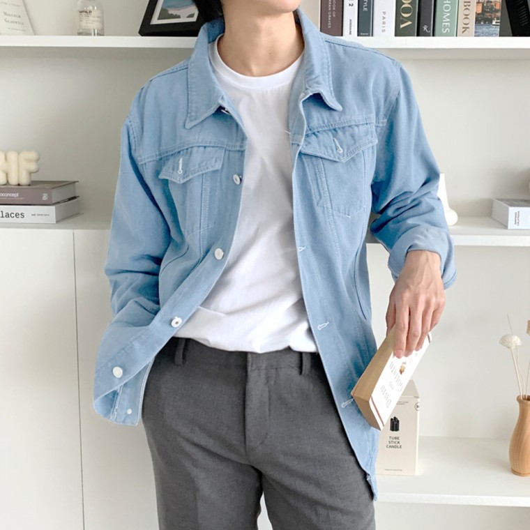 Áo khoác ngắn denim màu xanh nhạt mùa xuân cho nam có túi mùa thu áo khoác ngoài màu xanh lam giữa các mùa