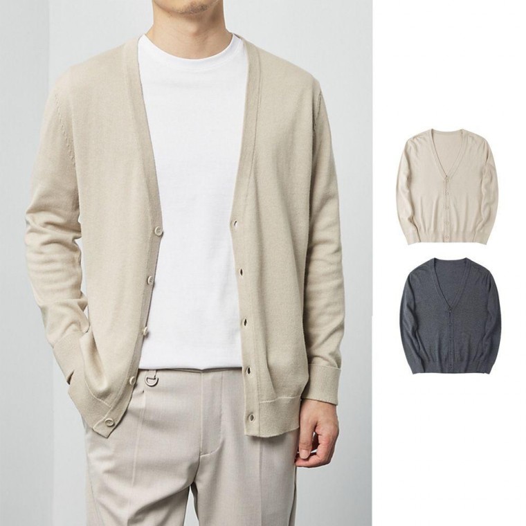 Áo khoác cardigan dệt kim cơ bản cổ chữ V màu trơn cho nam