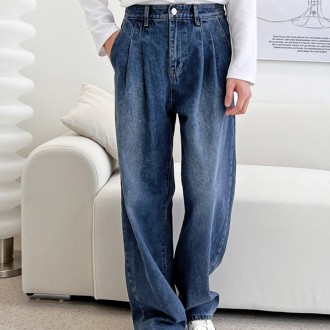 Quần Jeans Quần Denim Quần Nam Nam Rộng Hai Tuck Cơ Bản Cơ Bản Hàng Ngày Thường Ngày