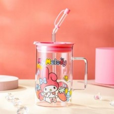 Cốc thủy tinh có ống hút Sanrio My Melody 700ml Cốc uống nước có tay cầm Cốc thủy tinh