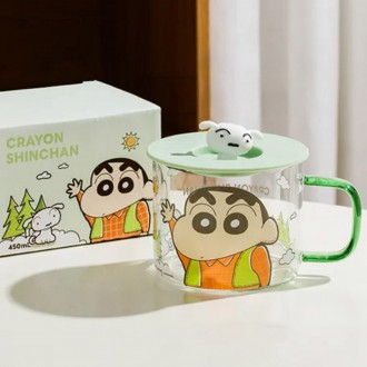 Cốc thủy tinh nắp hình cổ có tay cầm Crayon Shin-chan 480ml-xanh