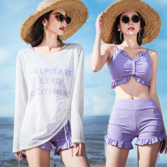 Eunchang] Chữ che diềm xếp nếp Bộ đồ bơi 3 mảnh bikini monokini Rash Guard tích hợp váy chỉnh sửa cơ thể kỳ nghỉ hè