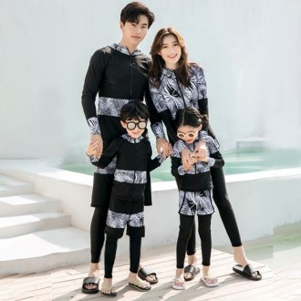 Họ in hình có mũ trùm đầu khóa kéo thể thao phát ban bảo vệ unisex cặp đôi trẻ em họ đồ bơi quần legging nước Bộ đi biển