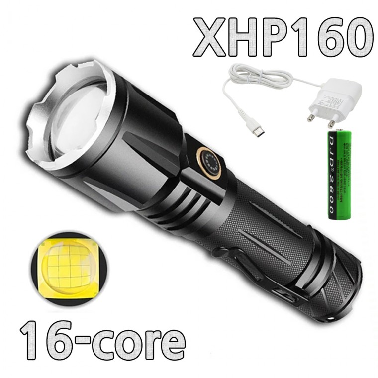 XHP160 LED có thể sạc lại Đèn pin zoom Đèn pin Đèn pin P180 C Loại A0