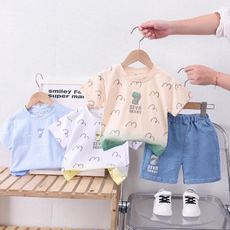 Bộ quần áo trên và dưới bằng vải cotton tròn ngắn tay màu gradient dành cho bé trai quần áo trong nhà dành cho trẻ em trong nhà trẻ sơ sinh quần áo đi học mẫu giáo