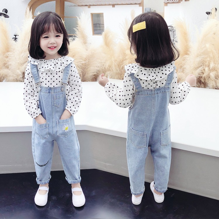 Bộ quần áo và quần denim chấm bi dành cho nữ Bộ 2 món Bộ quần áo trên và dưới trong nhà trẻ Quần áo trong nhà cho trẻ em Trẻ tập đi Quần áo đi học mẫu giáo