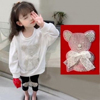 Girls' Pearl Bear Round Tee Nhà trẻ Quần áo trong nhà Trẻ em Quần áo đi học mẫu giáo