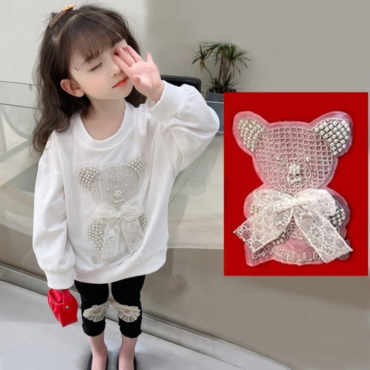 Girls' Pearl Bear Round Tee Nhà trẻ Quần áo trong nhà Trẻ em Quần áo đi học mẫu giáo