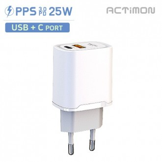 Bộ sạc 2 cổng cực nhanh Actimon hộ gia đình PD 25W (USB+C) (không bao gồm cáp)