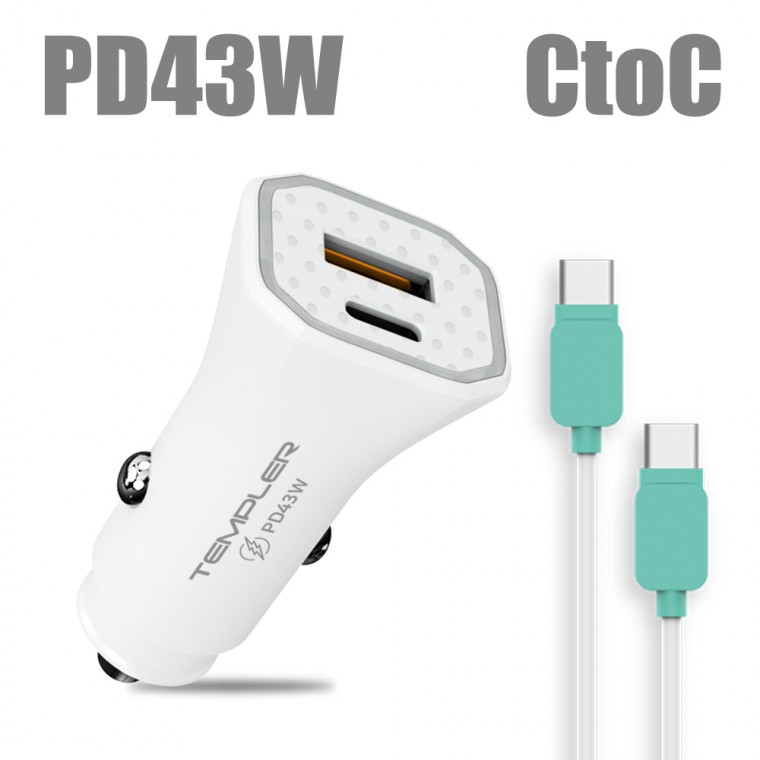 Sạc ô tô 2 cổng Templar PD 43W (cáp CtoC) (Bộ sạc PD 1 cổng sạc nhanh adapter sạc điện thoại di động)