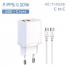 Bộ sạc gia đình cực nhanh loại C + USB 2 ngạnh PD 20W - Bao gồm cáp C đến C [Actimon.Tel]