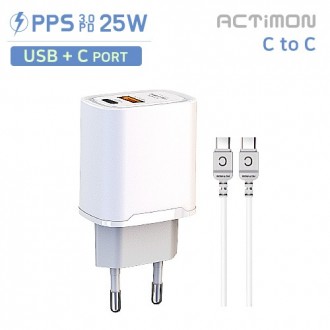 Bộ sạc gia đình tốc độ cao Type C + USB 2 ngạnh PD 25W - Bao gồm cáp C đến C (Actimon.Tel)