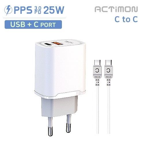 Bộ sạc gia đình tốc độ cao Type C + USB 2 ngạnh PD 25W - Bao gồm cáp C đến C (Actimon.Tel)