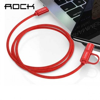 Rock Fabric Type C đến Type C & 8 Pin 2in1 Loại kim loại Cáp sạc kép iPhone 1M Ngăn chặn ngắt kết nối sạc nhanh Type-C