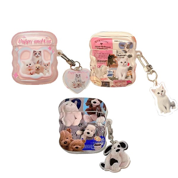 Kitsch Puppy & Cat Wave AirPod Tương thích Móc khóa Ốp lưng AirPods Thế hệ thứ 3 Pro Thế hệ thứ 2 Thế hệ thứ nhất