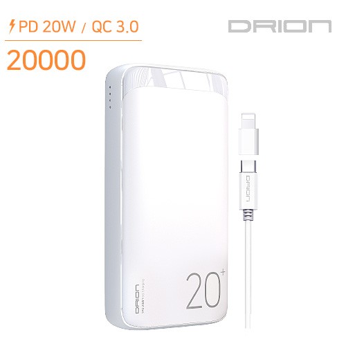 Pin phụ tốc độ cao Drion PD 20W/QC 3.0 20000mAh (CÁP C-TYPE + 8 PIN GEN)