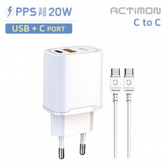 [Incine] Bộ sạc gia đình Actimon PPS PD 20W tốc độ cao QC3.0 cổng USB C kép Cáp CtoC 2 ngạnh