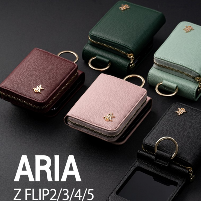 Ốp lưng Aria Diary Galaxy Z Flip 5/loại ví/khóa kéo/bảo quản thẻ/nhẫn đeo tay