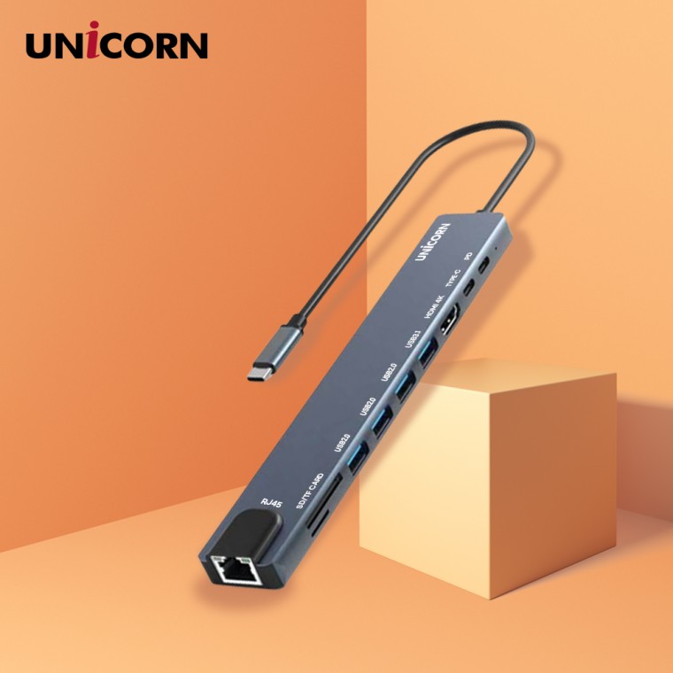 Unicorn 10IN1 LAN/HDMI USB đa hub USB-C cổng giao tiếp PD87W sạc 4K phản chiếu đầu đọc thẻ TF SD TCH-L70