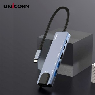 Cổng LAN Unicorn 6IN1 HDMI USB đa hub Cổng giao tiếp USB-C PD87W sạc phản chiếu 4K/TCH-L50