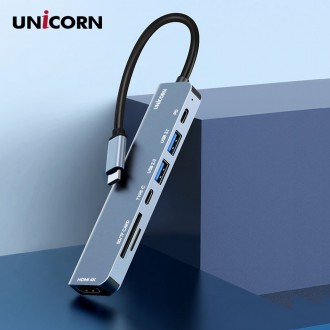 Unicorn 7IN1 HDMI USB đa hub USB-C cổng giao tiếp Đầu đọc thẻ SD/TF PD 87W sạc 4K phản chiếu TCH-P40