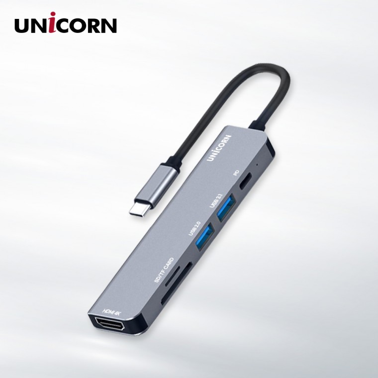 Unicorn 6IN1 HDMI USB Multi-Hub Đầu đọc thẻ SD/TF PD 87W Sạc 4K Mirroring TCH-P30