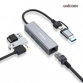 Unicorn CLAN-1000HC Type A + Type C kết hợp bộ chuyển đổi mạng LAN có dây thân nhôm Hub USB 3 cổng